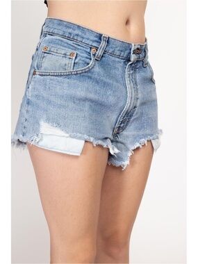 THE GREAT. The Cut Off Short Light Blue Distressed Denim Jean Shorts 25